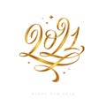 2021 logo - lettering calligraphy. Golden paint brushstroke. Golden New Year sign.